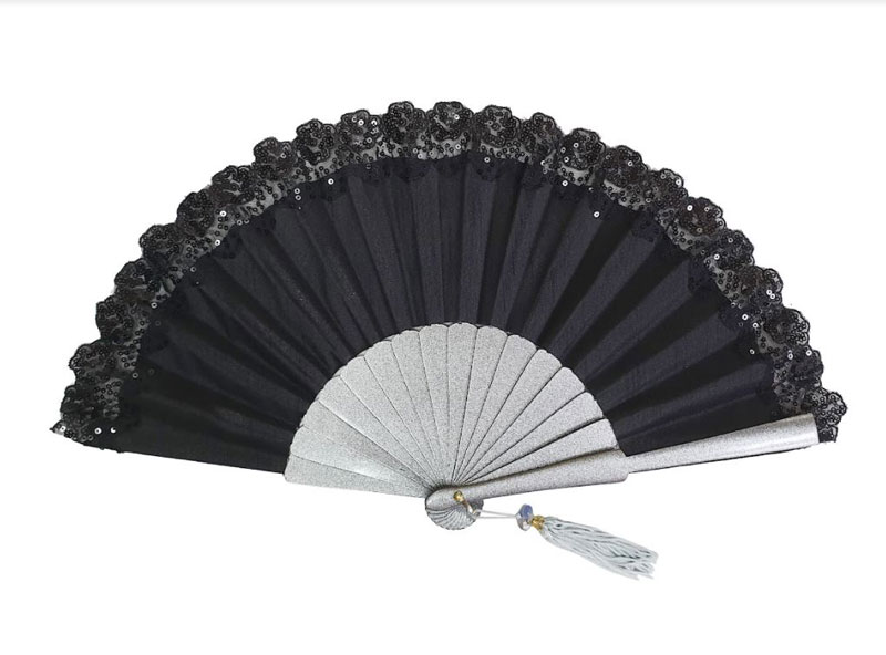Black and Silver Party Fan with Black Sequins Lace
